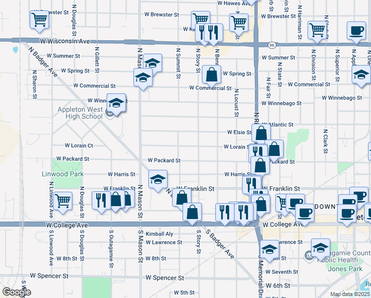 map of restaurants, bars, coffee shops, grocery stores, and more near 1025 West Lorain Street in Appleton