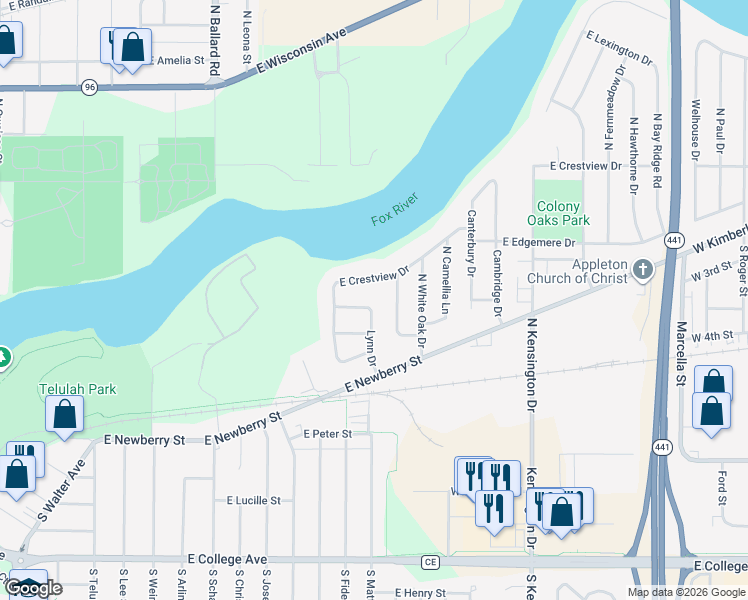 map of restaurants, bars, coffee shops, grocery stores, and more near 77 Lynn Drive in Appleton