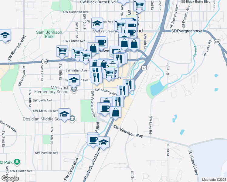 map of restaurants, bars, coffee shops, grocery stores, and more near 777 Southwest Kalama Avenue in Redmond