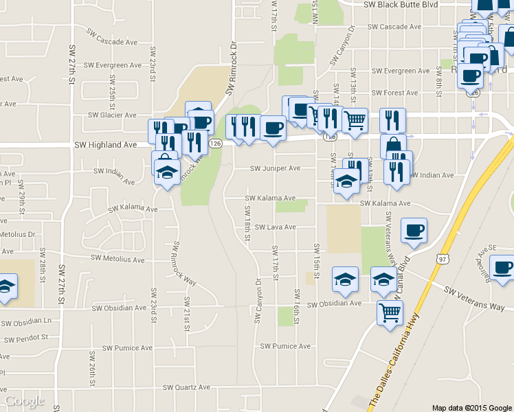 map of restaurants, bars, coffee shops, grocery stores, and more near 1754 Southwest Kalama Avenue in Redmond