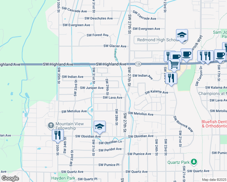 map of restaurants, bars, coffee shops, grocery stores, and more near 2852 Southwest Juniper Avenue in Redmond