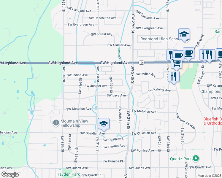map of restaurants, bars, coffee shops, grocery stores, and more near 2966 Southwest Juniper Avenue in Redmond