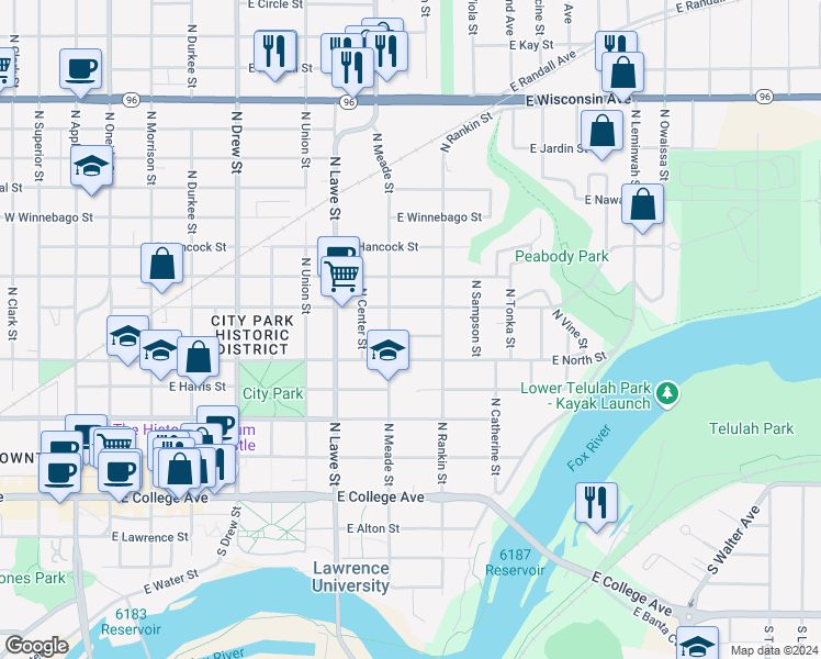 map of restaurants, bars, coffee shops, grocery stores, and more near 834 East Minor Street in Appleton