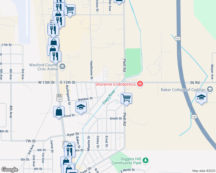 map of restaurants, bars, coffee shops, grocery stores, and more near 1201-1299 Riverside St in Cadillac