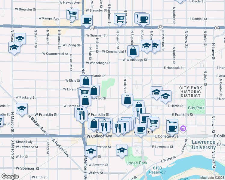 map of restaurants, bars, coffee shops, grocery stores, and more near 528 North Garfield Place in Appleton