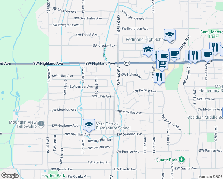 map of restaurants, bars, coffee shops, grocery stores, and more near 2752 Southwest Juniper Avenue in Redmond