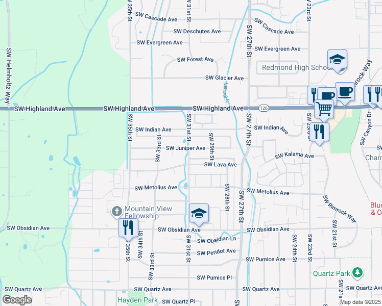 map of restaurants, bars, coffee shops, grocery stores, and more near 1048 Southwest 31st Street in Redmond