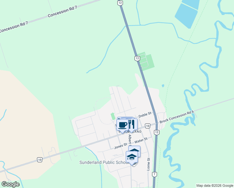 map of restaurants, bars, coffee shops, grocery stores, and more near 58 Albert Street North in Brock
