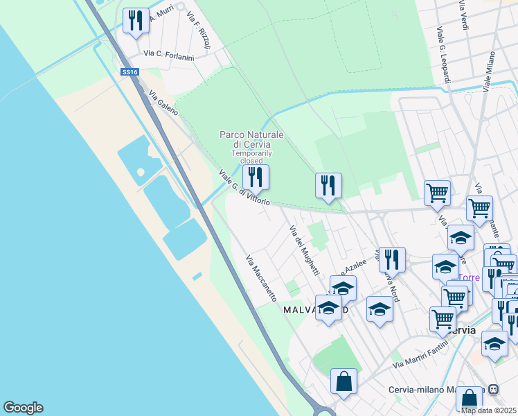 map of restaurants, bars, coffee shops, grocery stores, and more near 2 Via dei Tulipani in Cervia