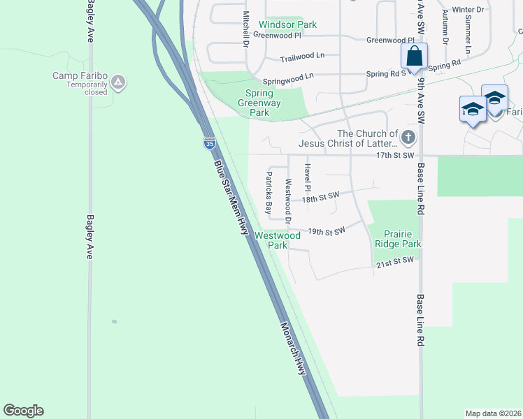 map of restaurants, bars, coffee shops, grocery stores, and more near 1836 Patricks Bay in Faribault