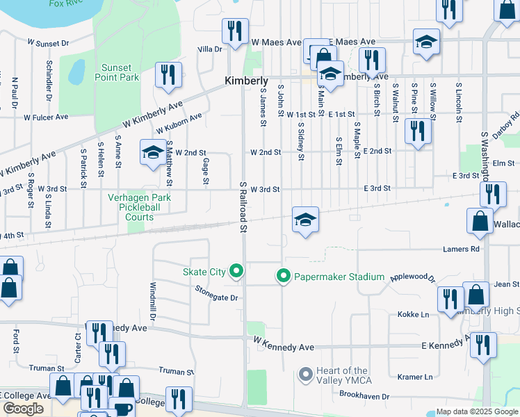 map of restaurants, bars, coffee shops, grocery stores, and more near 428 South James Street in Kimberly
