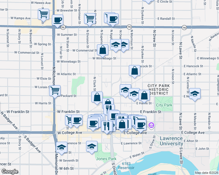 map of restaurants, bars, coffee shops, grocery stores, and more near 532 North Appleton Street in Appleton