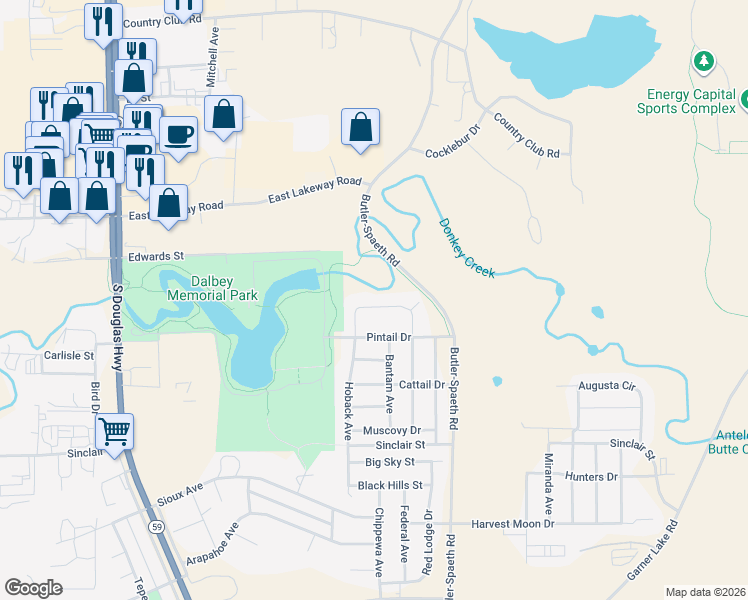 map of restaurants, bars, coffee shops, grocery stores, and more near Pintail Drive in Gillette