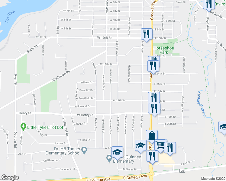 map of restaurants, bars, coffee shops, grocery stores, and more near 1512 Glenview Avenue in Kaukauna