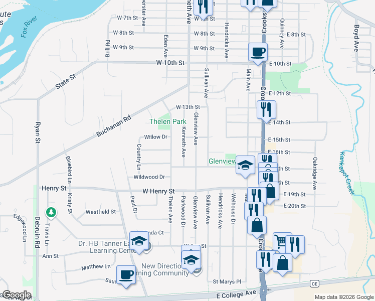 map of restaurants, bars, coffee shops, grocery stores, and more near 1512 Glenview Avenue in Kaukauna