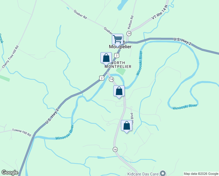 map of restaurants, bars, coffee shops, grocery stores, and more near 2365 Highway 14 in East Montpelier