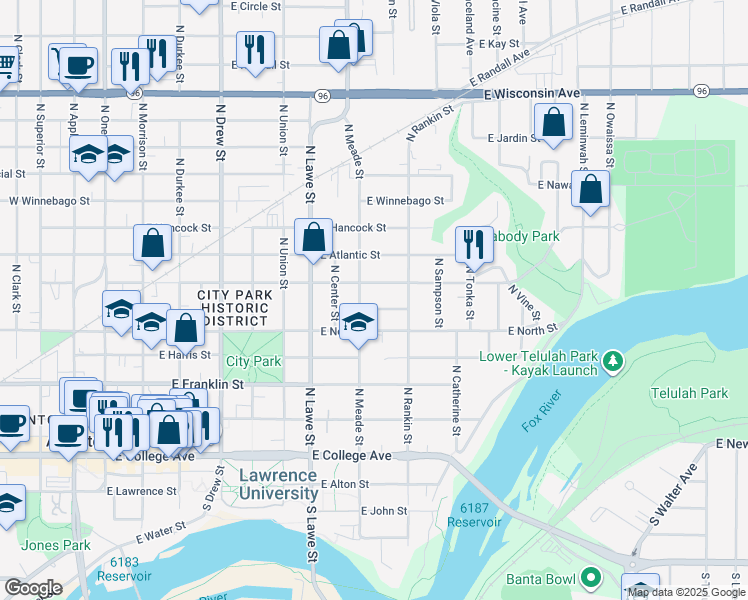 map of restaurants, bars, coffee shops, grocery stores, and more near 526 North Meade Street in Appleton