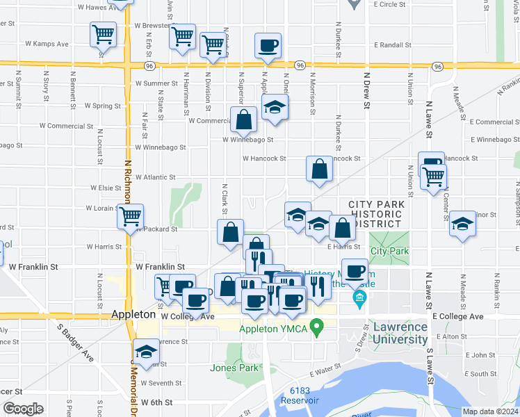 map of restaurants, bars, coffee shops, grocery stores, and more near 532 North Appleton Street in Appleton
