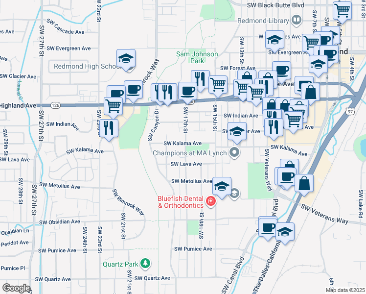 map of restaurants, bars, coffee shops, grocery stores, and more near 1714 Southwest Kalama Avenue in Redmond