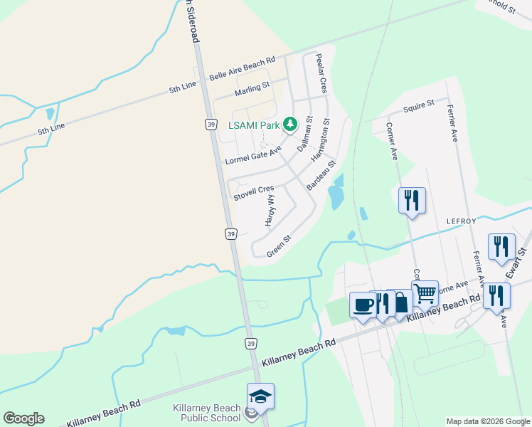 map of restaurants, bars, coffee shops, grocery stores, and more near 1028 Hardy Way in Innisfil
