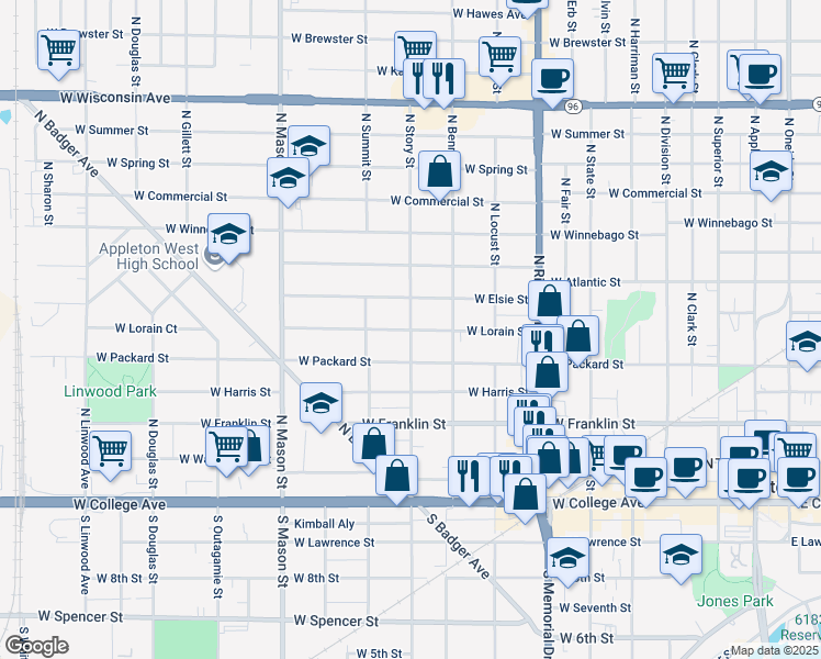 map of restaurants, bars, coffee shops, grocery stores, and more near 1001 West Lorain Street in Appleton