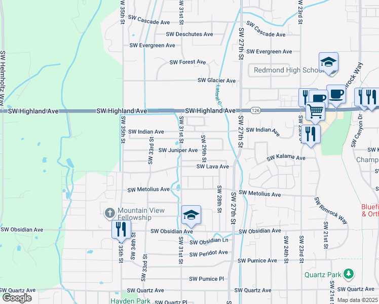 map of restaurants, bars, coffee shops, grocery stores, and more near 2966 Southwest Juniper Avenue in Redmond