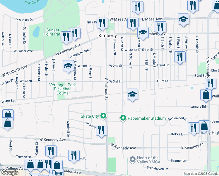 map of restaurants, bars, coffee shops, grocery stores, and more near 428 South James Street in Kimberly