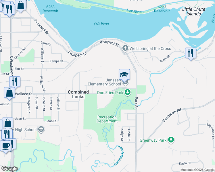 map of restaurants, bars, coffee shops, grocery stores, and more near 410 Wallace Street in Combined Locks