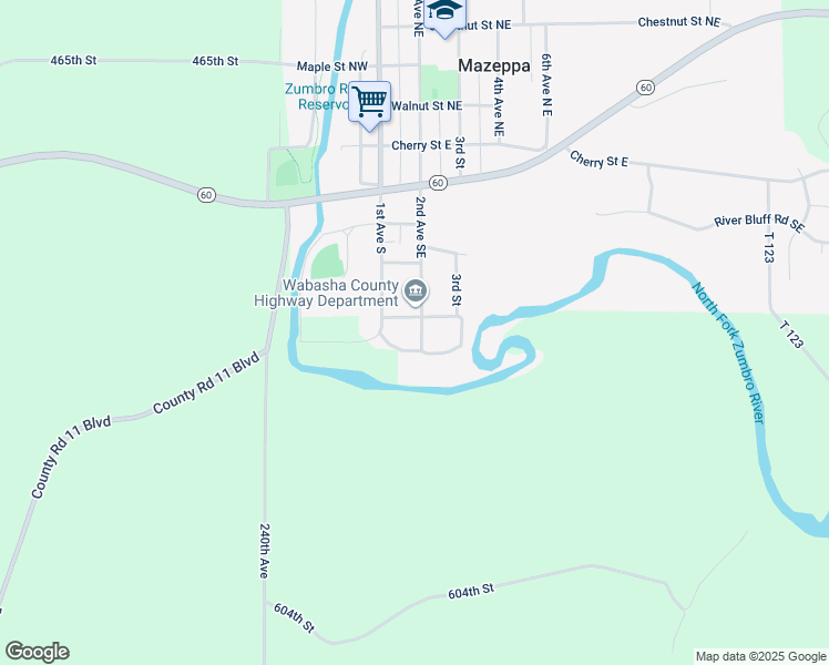 map of restaurants, bars, coffee shops, grocery stores, and more near 174 Summit Street South East in Mazeppa