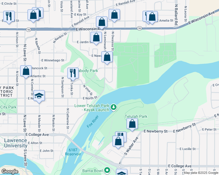 map of restaurants, bars, coffee shops, grocery stores, and more near 10 Green Bay Court in Appleton