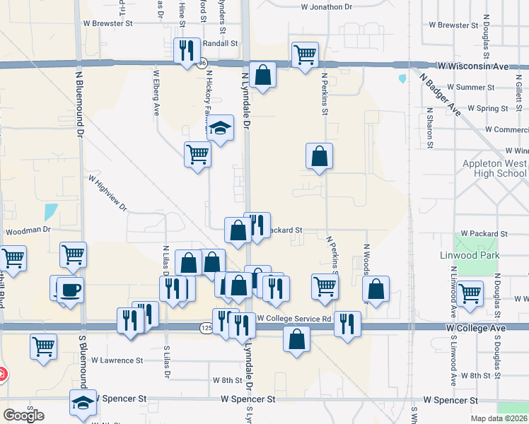 map of restaurants, bars, coffee shops, grocery stores, and more near 306 North Lynndale Drive in Grand Chute