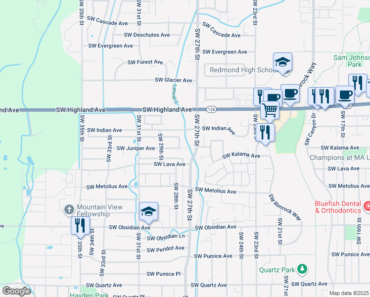 map of restaurants, bars, coffee shops, grocery stores, and more near 2752 Southwest Juniper Avenue in Redmond