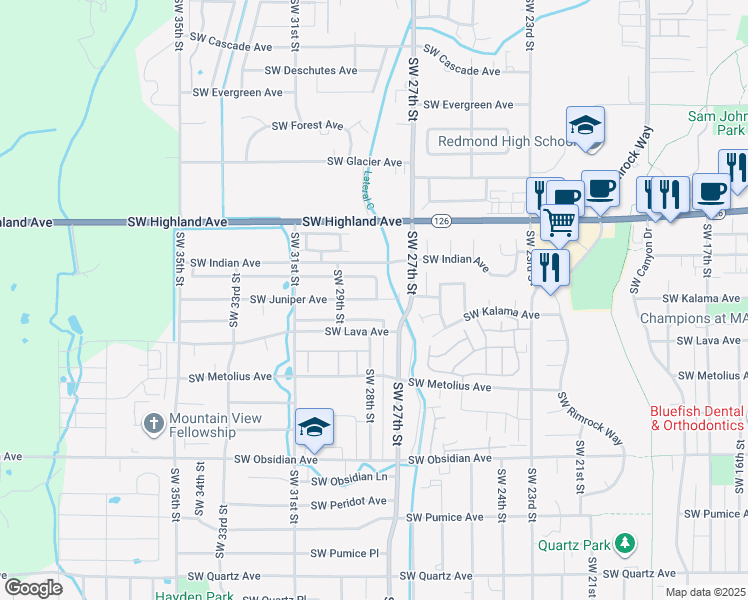 map of restaurants, bars, coffee shops, grocery stores, and more near 2852 Southwest Juniper Avenue in Redmond