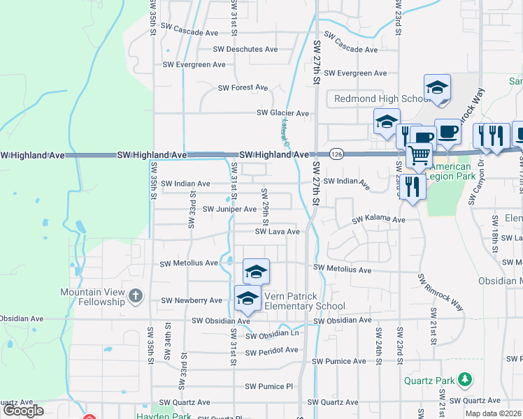 map of restaurants, bars, coffee shops, grocery stores, and more near 2966 Southwest Juniper Avenue in Redmond