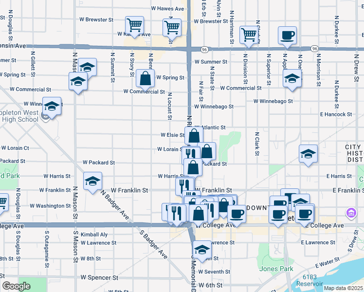 map of restaurants, bars, coffee shops, grocery stores, and more near 525 North Richmond Street in Appleton