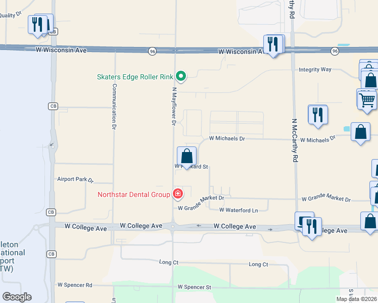 map of restaurants, bars, coffee shops, grocery stores, and more near 5734 Packard Street in Appleton