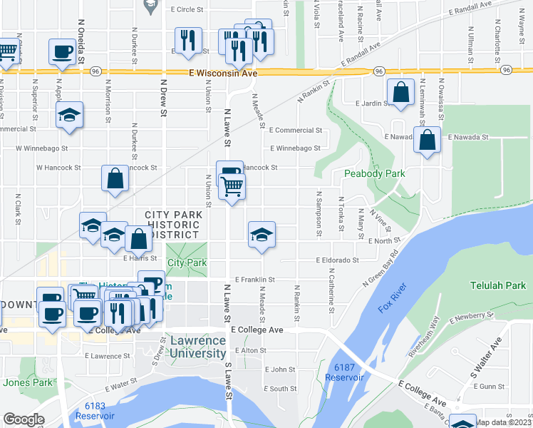 map of restaurants, bars, coffee shops, grocery stores, and more near 536 North Meade Street in Appleton