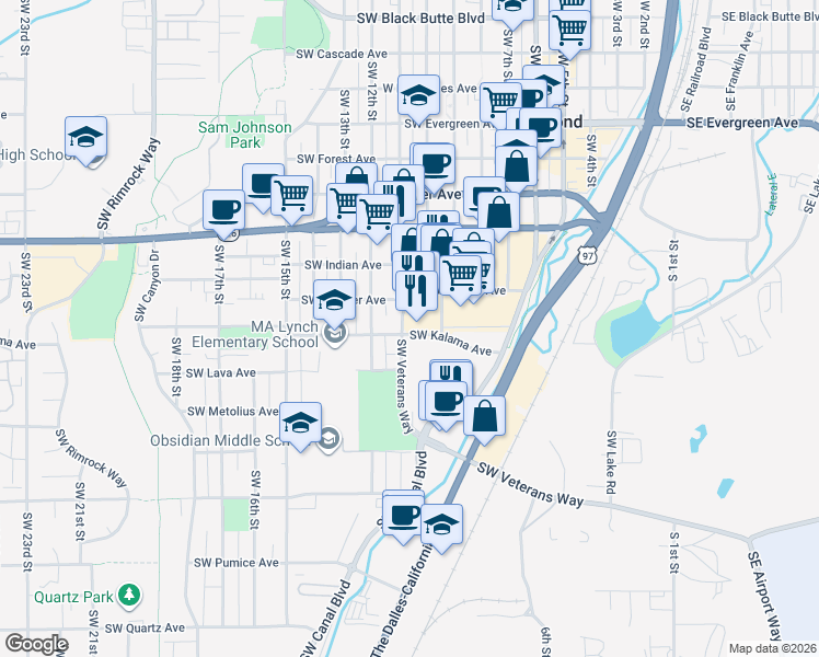 map of restaurants, bars, coffee shops, grocery stores, and more near 777 SW Kalama Ave in Redmond