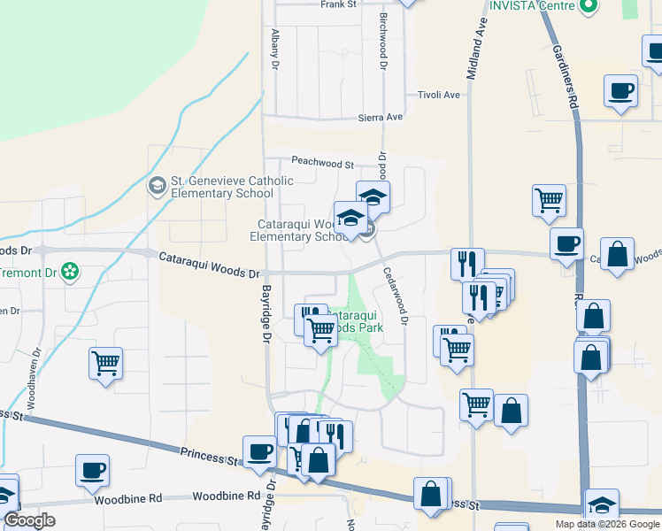 map of restaurants, bars, coffee shops, grocery stores, and more near 814 Cataraqui Woods Drive in Kingston