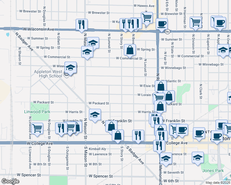 map of restaurants, bars, coffee shops, grocery stores, and more near 1025 West Lorain Street in Appleton