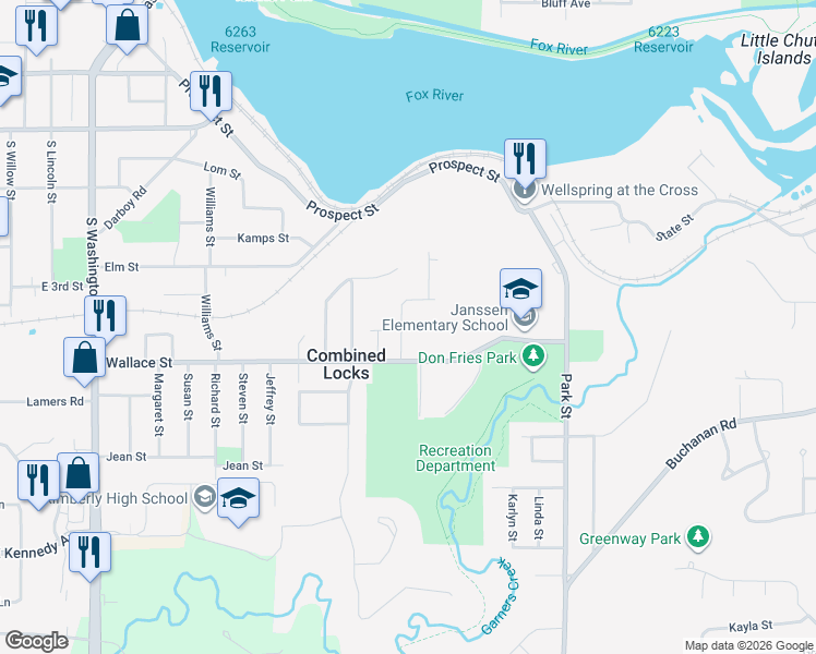 map of restaurants, bars, coffee shops, grocery stores, and more near 332 Wallace Street in Combined Locks