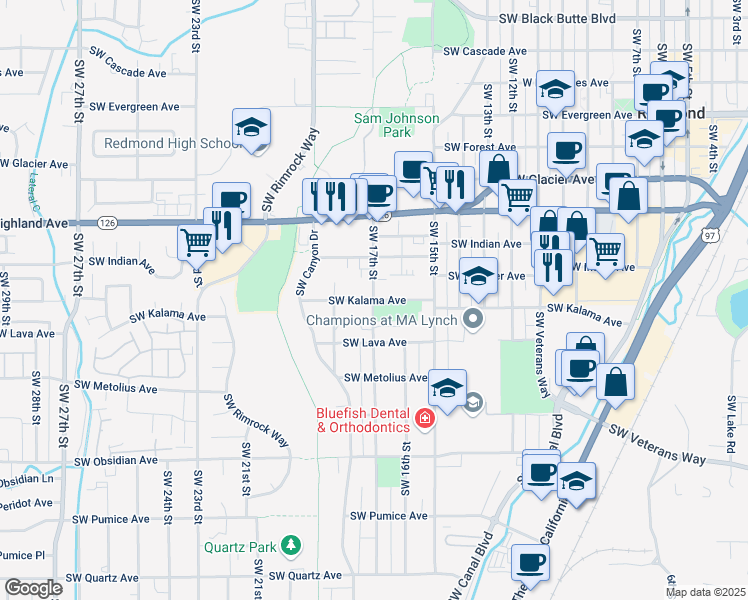 map of restaurants, bars, coffee shops, grocery stores, and more near 1698 Southwest Kalama Avenue in Redmond