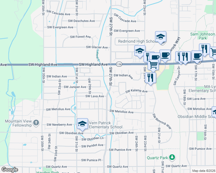 map of restaurants, bars, coffee shops, grocery stores, and more near 2727 Southwest Juniper Avenue in Redmond