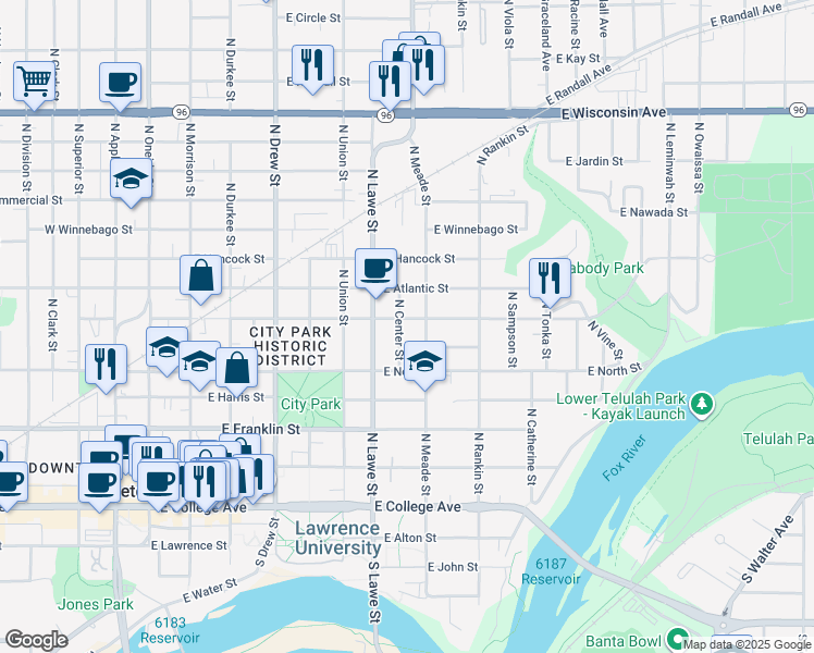 map of restaurants, bars, coffee shops, grocery stores, and more near 527 North Center Street in Appleton