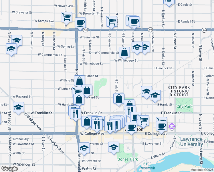map of restaurants, bars, coffee shops, grocery stores, and more near 528 North Garfield Place in Appleton