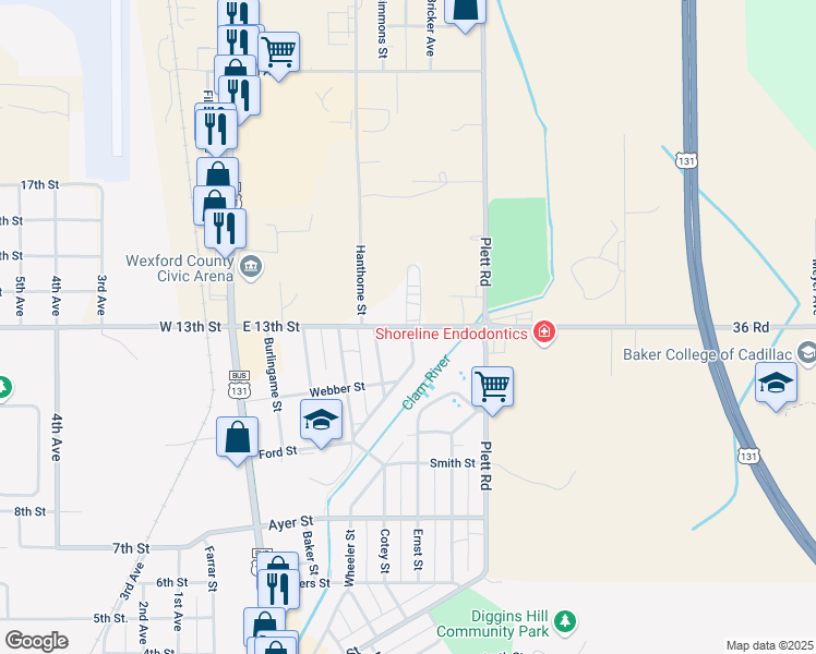 map of restaurants, bars, coffee shops, grocery stores, and more near 1299 Riverside Street in Cadillac