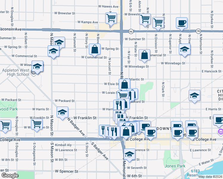 map of restaurants, bars, coffee shops, grocery stores, and more near 741 West Lorain Street in Appleton