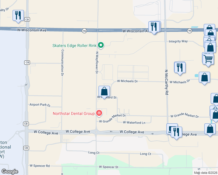map of restaurants, bars, coffee shops, grocery stores, and more near 602 North Waldoch Drive in Appleton