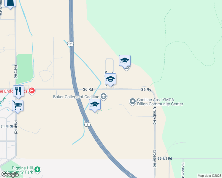 map of restaurants, bars, coffee shops, grocery stores, and more near 9901 East 13th Street in Cadillac