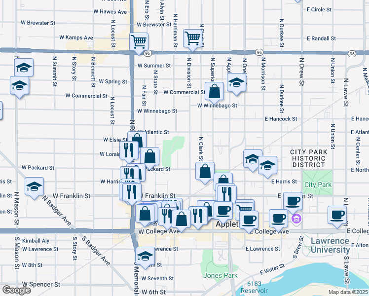 map of restaurants, bars, coffee shops, grocery stores, and more near 528 North Garfield Place in Appleton
